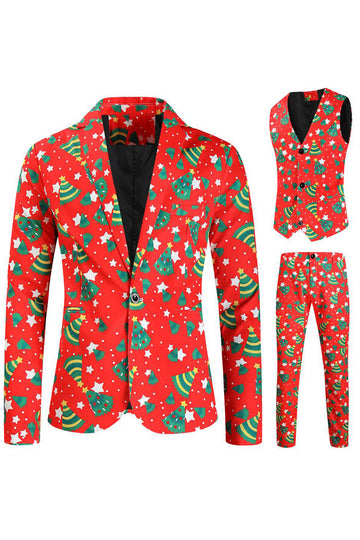 Trajes de fiesta de un botón rojos de 3 piezas estampados en Navidad para hombre